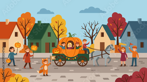 Happy Children Celebrating Halloween Parade in Pumpkin Carriage