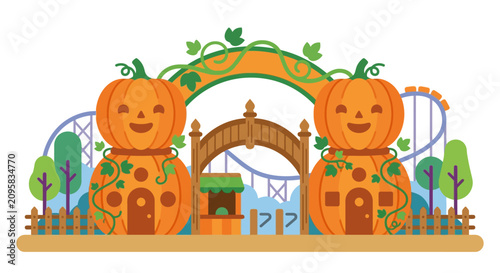Halloween Pumpkin Amusement Park Entrance with Roller Coaster