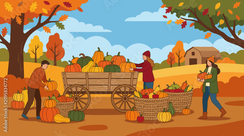People Harvesting Pumpkins at an Autumn Farm Patch