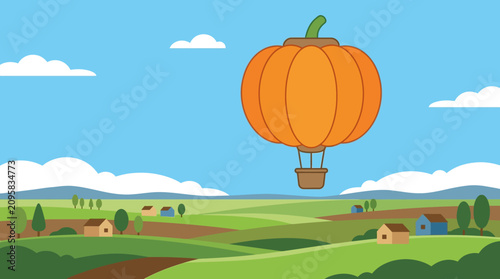 Pumpkin Hot Air Balloon Flying Over a Rural Landscape