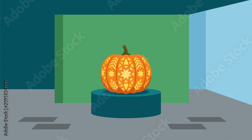 Stylized Geometric Carved Pumpkin on Display Pedestal