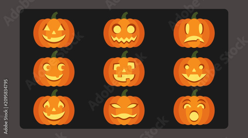 Set of Nine Halloween Pumpkin Jack O Lanterns with Various Funny Faces