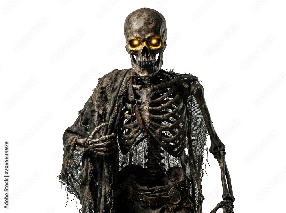 Fototapeta premium Sinister skeleton with glowing eyes wearing tattered rags isolated on transparent background
