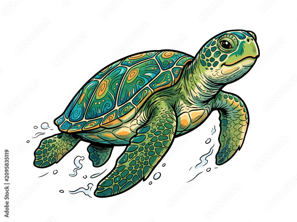 Fototapeta premium A vibrant illustration of a sea turtle swimming gracefully through the water.