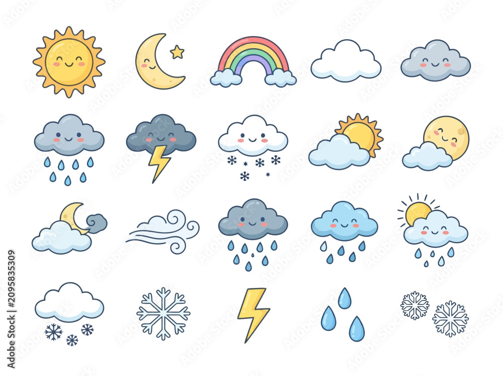 Obraz premium A collection of cute hand drawn weather icons featuring sun moon clouds and rain.