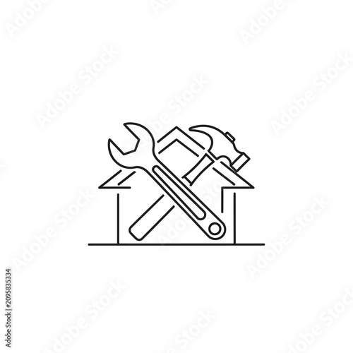 Home repair logo with hammer and wrench tools line art