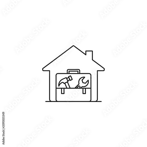 Home repair icon with toolbox and tools line art