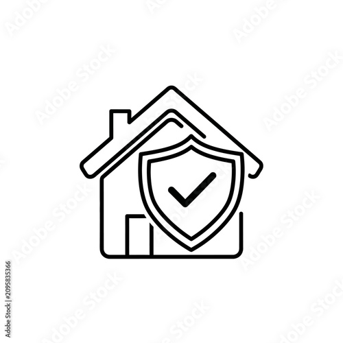 Home security line art icon with shield and checkmark