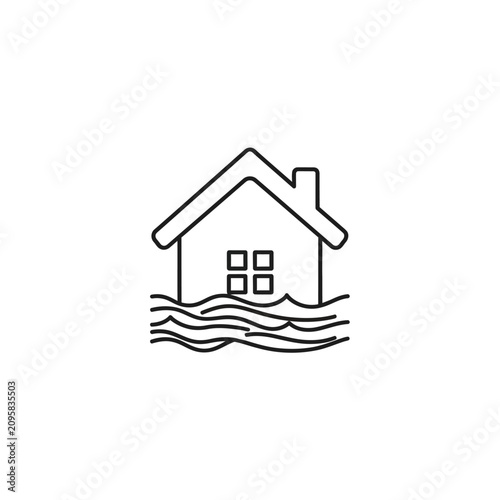 House flood icon with water waves in line art style