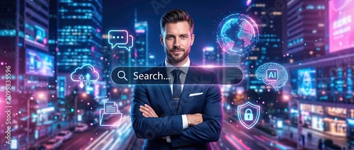 Confident businessman in a modern cityscape with digital search interface showcasing technology and innovation in a vibrant urban environment at night.