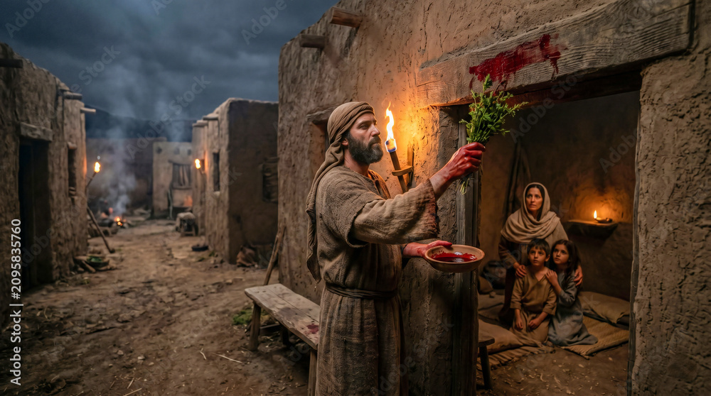 Fototapeta premium The first Passover in Egypt. An Israelite family painting the blood of a lamb on their wooden doorposts to be spared from the final plague