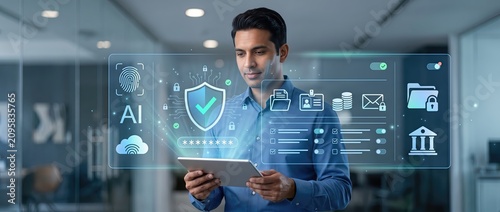 Professional businessperson interacting with a cutting edge digital security system leveraging artificial intelligence to improve data safety in a contemporary office setting