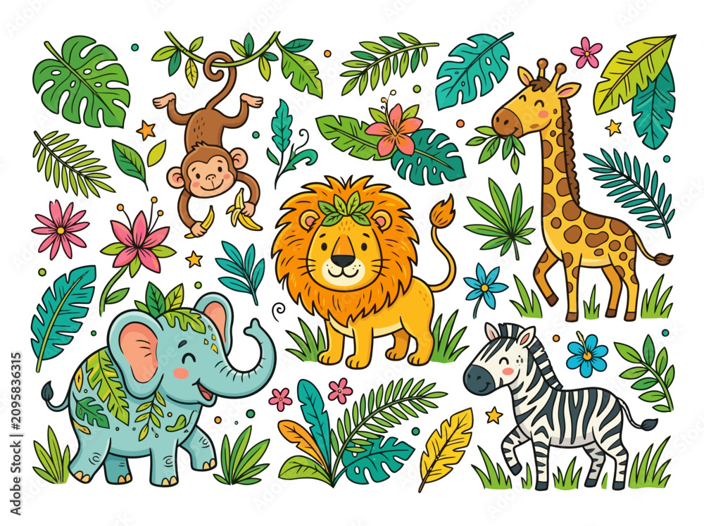 Obraz premium Cute cartoon jungle animals including a lion giraffe elephant monkey and zebra.