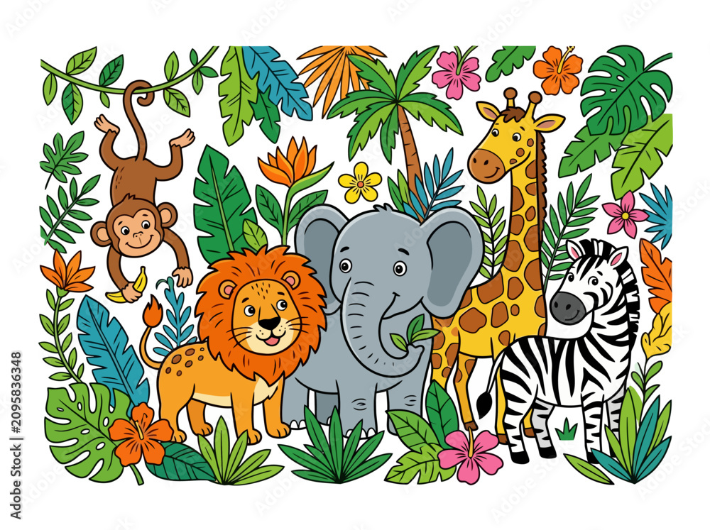 Obraz premium A group of cute cartoon jungle animals including a monkey lion elephant giraffe and zebra.
