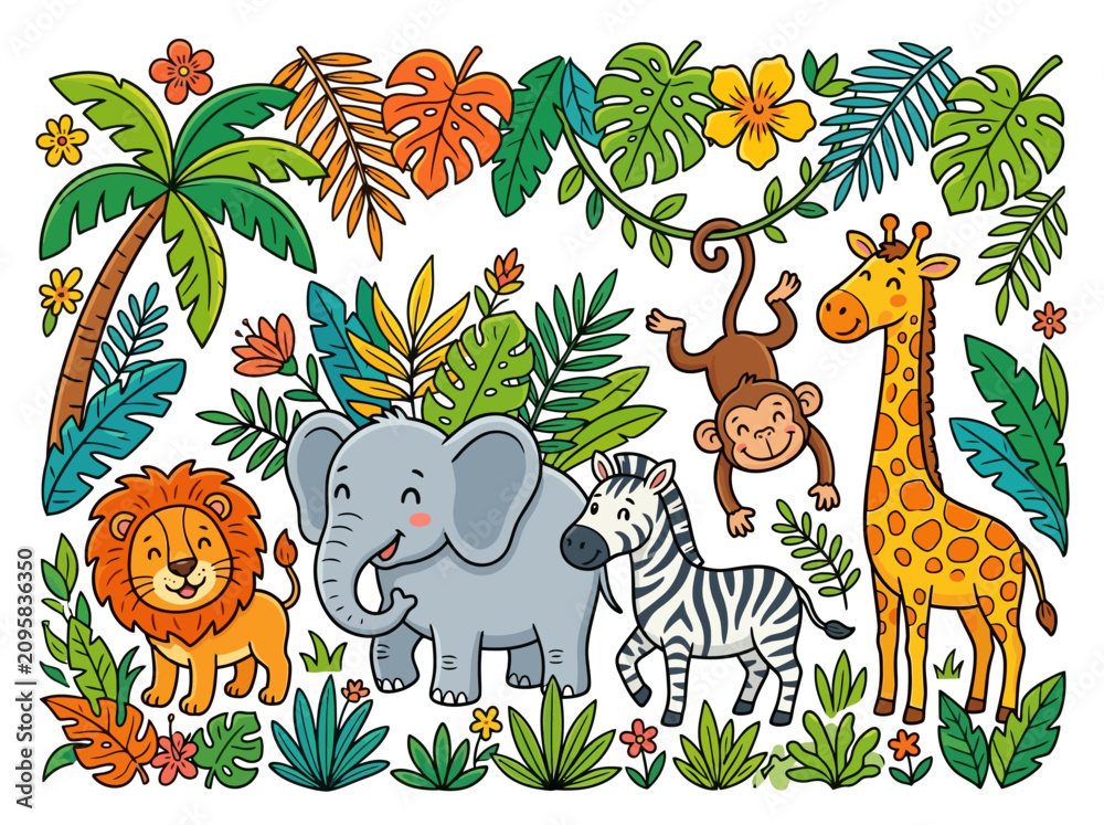Obraz premium Cute cartoon jungle animals including a lion elephant zebra monkey and giraffe.