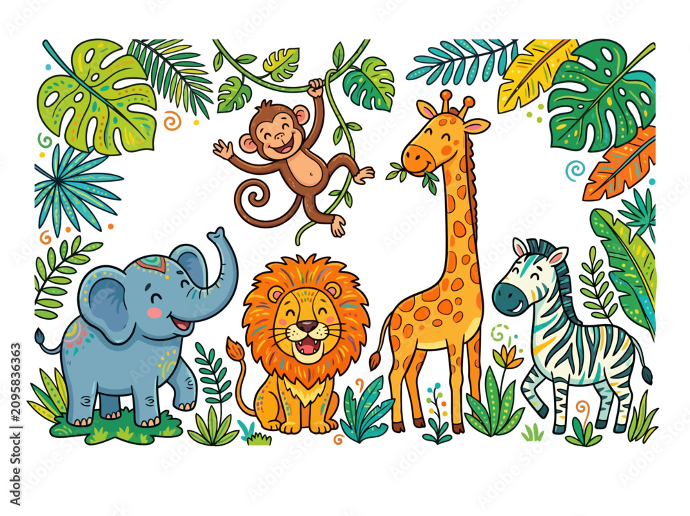 Obraz premium Cute cartoon jungle animals including elephant lion giraffe monkey and zebra.