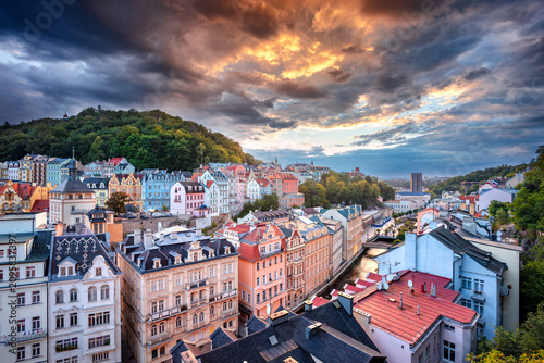 Karlovy Vary, Czech Republic. Aerial image of Karlovy Vary (Carlsbad), located in western Bohemia at beautiful sunset.