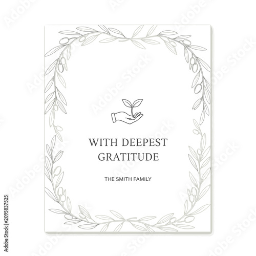 Minimalist funeral gratitude card with olive wreath and sprout icon