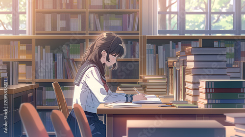 資料が並ぶ図書館で集中して勉強する学生のイラスト、学習、読書、自習、受験勉強、試験対策、レポート作成、研究、参考書、書籍、本棚、ノートパソコン、デスク、椅子、学校、大学、教育、知識、課題、調べもの、静かな室内、清潔感、シンプル、ミニマル、手描き、線画、水彩、余白、コピー用紙、オンライン授業、教材、若者、後ろ姿、日常、学び、背景、挿絵、広告、ブログ、サムネイル、資料素材、高品質ストック素材集、汎用性