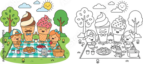 фотографія Cute Ice Cream Family Picnic Coloring Page Color and Black and White Outline wit