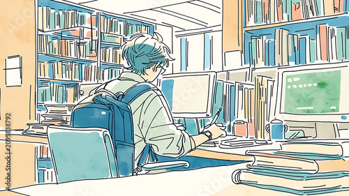 図書館の閲覧席で本を読む学生の学習シーン、勉強、読書、自習、試験勉強、受験、大学生活、学校生活、教育、知識、研究、資料作成、レポート、参考書、本棚、ノートパソコン、机、椅子、室内、静かな空間、集中、真面目、若者、後ろ姿、手描き、線画、水彩、ミニマル、シンプル、清潔感、余白、コピー用紙、教材、オンライン学習、課題、勉強会、調査、背景、挿絵、広告、サムネイル、ブログ用素材、高品質ストック素材集、汎用性