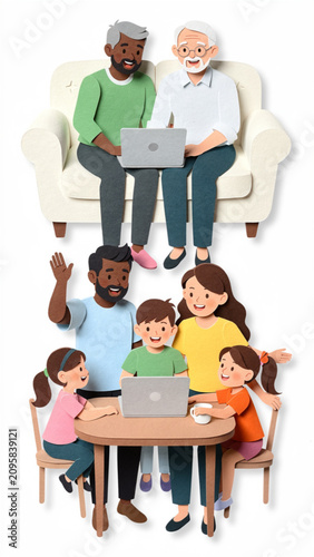 happy grandparents and grandchildren using laptops in indoor setting family bonding and technology usage