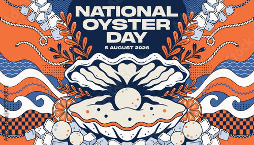 Billede på lærred Decorative national oyster day poster with a large open shell