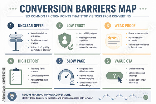 An infographic displays a Conversion Barriers Map detailing six common friction points that prevent website visitors from converting.
