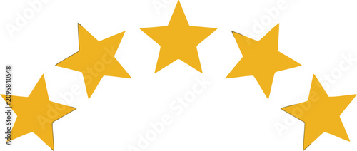 Golden five star rating icon set in arched layout, premium quality feedback symbols, yellow 5 stars vector for customer review and satisfaction
