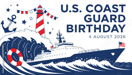 United States coast guard birthday illustration with ship and lighthouse