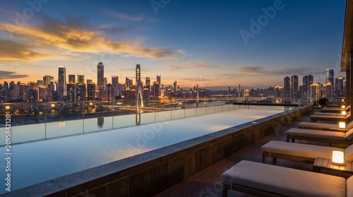 Rooftop infinity pool overlooking city skyline