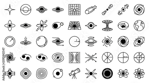 Vector Icon Set of black and white space and physics icons featuring black holes and galaxies. EPS Editable