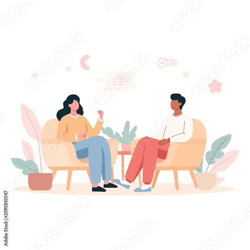 Couple Counseling Session and Mental Health Support, Relationship Communication Therapy Illustration Scene Art