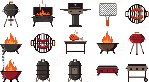 Fotografía Barbecue grill and picnic flat vector icon set featuring summer backyard charcoa