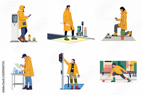 Collection of Flat Vector Illustrations Featuring Urban Planning Professionals and Infrastructure Maintenance Workers in Yellow Jackets