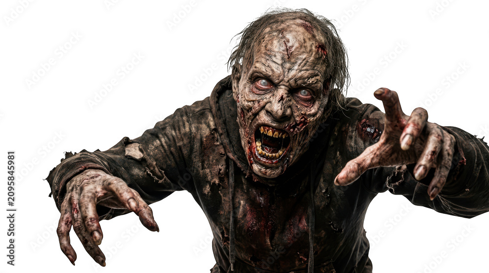 Fototapeta premium Fierce zombie reaching forward with aggressive expression isolated on transparent background