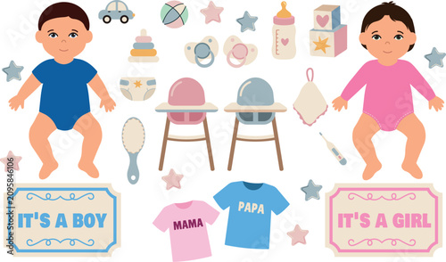 Foto Gender reveal party clipart bundle with boy or girl baby accessories, baby strol
