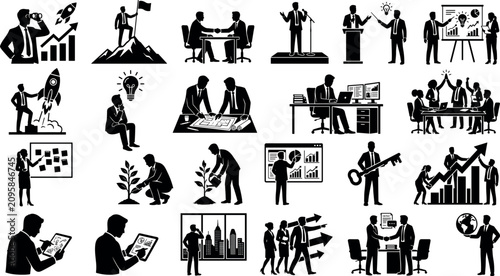 Set of business icons featuring professional people in various office situations, meetings, presentations, and strategic planning