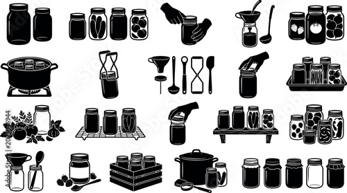 Canning and food preservation icons set, including glass jars, kitchen tools, cooking process and storage