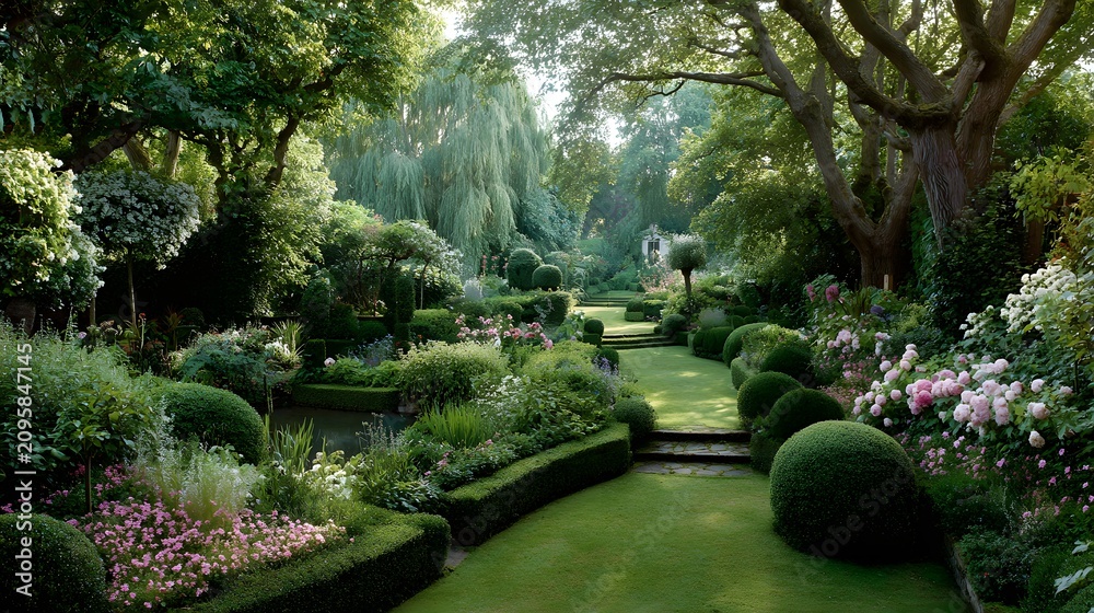Fototapeta premium Garden view with green trees flower beds lush lawn and bushes landscape design in summer