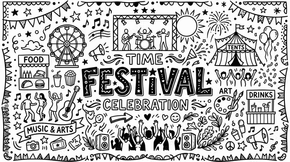Obraz premium Festival Doodle Illustration in Black and White Hand Drawn Style