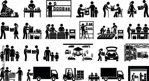 Fotografi Food bank and charity donation icons set, vector illustration of people voluntee