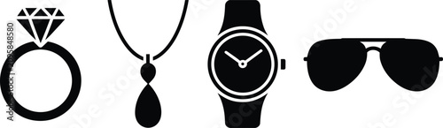 Fashion accessories and jewelry minimalist icons set featuring a diamond ring, pendant necklace, classic wristwatch, and aviator sunglasses
