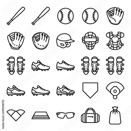 Baseball equipment and uniform line icons set.