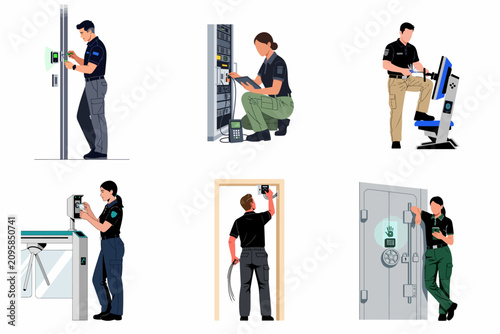 Flat vector illustration of professional technicians installing and maintaining various advanced security systems, biometric access controls, and surveillance equipment.