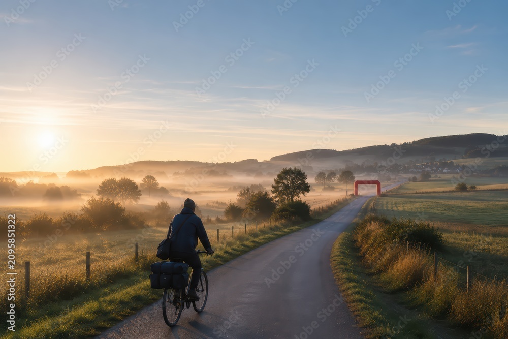 Fototapeta premium Rural Postal Worker Cycling Toward Preventive Health Checkpoint