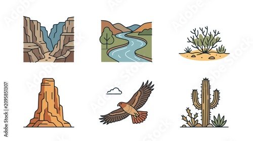 Fotografía Desert Landscape Icons: Canyon, River, Bush, Mesa, Eagle, Cactus