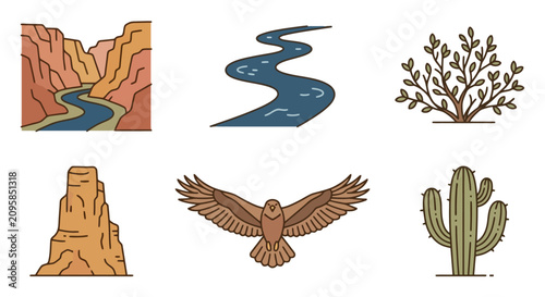 Tableau sur toile Desert Landscape Icons: Canyon, River, Plant, Rock, Eagle, Cactus