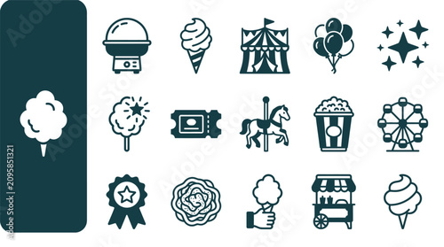 Fotografie Comprehensive collection of flat vector icons featuring carnival food and circus attractions like cotton candy, popcorn, soft serve ice cream, tickets, ferris wheel, and carousel horse