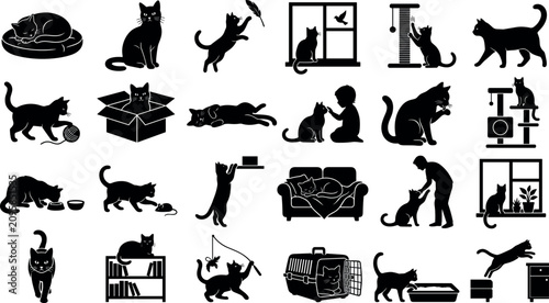 Foto Set of black silhouettes of cats in various poses and situations, including play